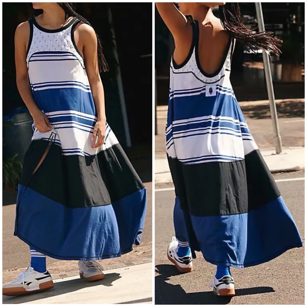 NWOT Free People FP Movement Back Spin Tank / maxi dress midnight blue combo - M - Picture 1 of 8